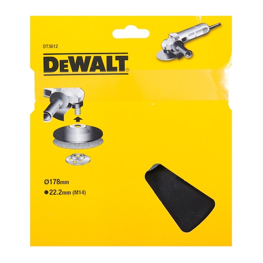 DEWALT DT3612 package for grinder accessory, 178mm diameter, 22.2mm hole, shown in yellow with assembly diagram.