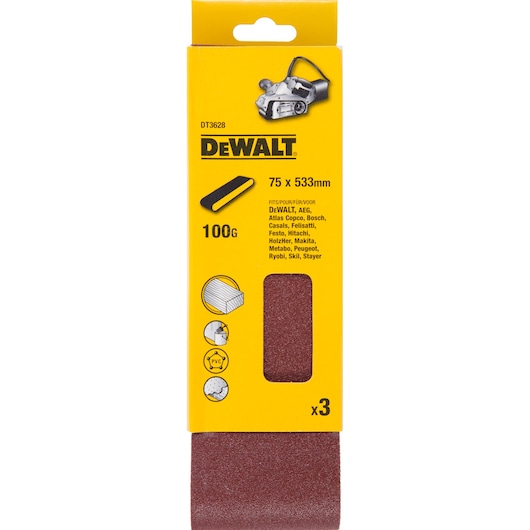 DEWALT DT3628 sanding belts, 75x533mm, 100 grit, pack of 3. Suitable for wood, PVC, and metal sanding.