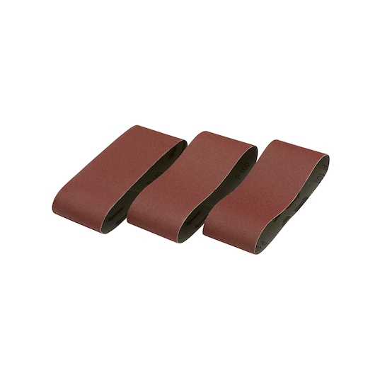 Three brown DEWALT sanding belts are arranged side by side, used for smoothing surfaces in woodworking.