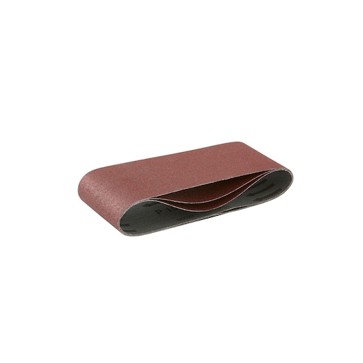 DEWALT DT3640 abrasive sanding belt for power tools, shown curled with visible brown grit surface.