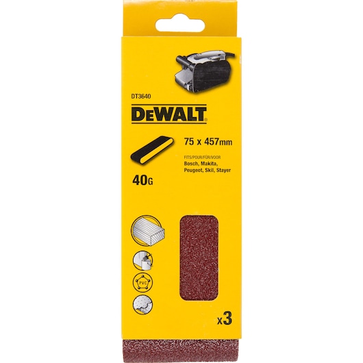 DEWALT DT3640 sanding belts, 75x457mm, 40G, pack of 3, for various brands, shown in yellow packaging.