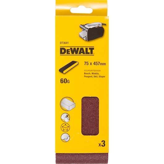 DEWALT DT3641 sanding belts 75x457mm, 60 grit, pack of 3, suitable for wood, PVC, and compatible brands.