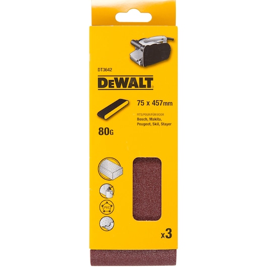DEWALT DT3642 sanding belts, 75x457mm, 80G grit, pack of 3, suitable for Bosch, Makita, Peugeot, Skil, Stayer.