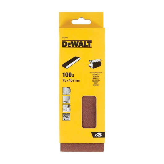 DEWALT DT3643 sanding belts, 100 grit, 75x457mm, pack of 3 for various materials and belt sanders.