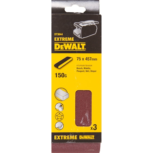 DEWALT DT3644 sanding belts pack, 75x457mm, 150G, for timber, metal, PVC, 3 pieces, suitable for various brands.