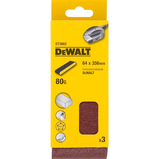 DEWALT DT3662 sanding belts, 64x356mm, 80 grit, pack of 3, for wood, PVC, and metal sanding.
