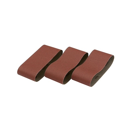 Three brown DEWALT sanding belts for power tools, displayed side by side on a white background.