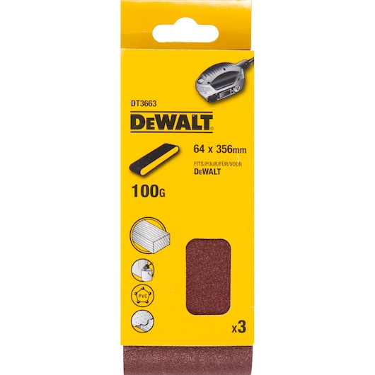 DEWALT DT3663 sanding belts, 64x356mm, 100 grit, pack of 3 for wood, PVC, plaster, and paint removal.