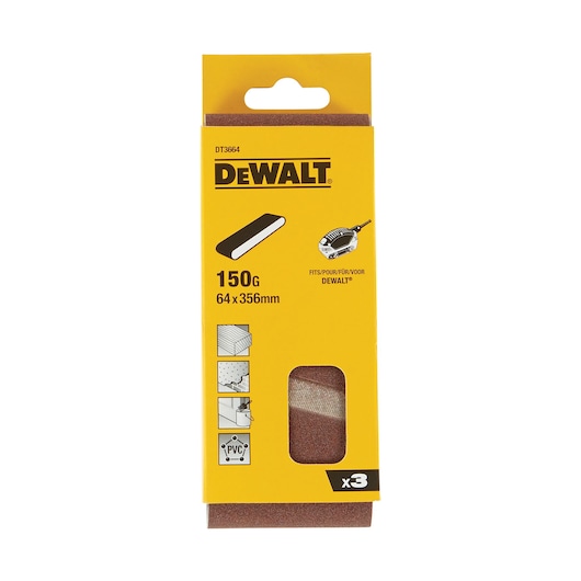 DEWALT DT3664 sanding belts, pack of 3, 150 grit, 64x356mm, for wood, metal, PVC, in yellow packaging.