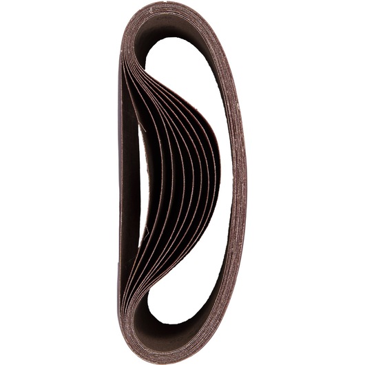 Stack of looped brown sanding belts viewed from the side against a white background.