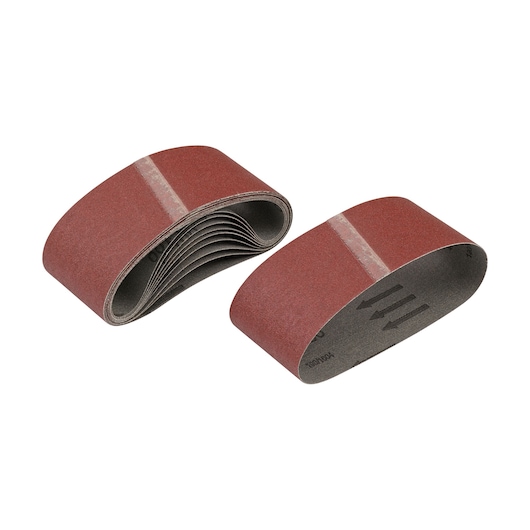 Two DEWALT sanding belts with brown abrasive surface, placed side by side on a white background.