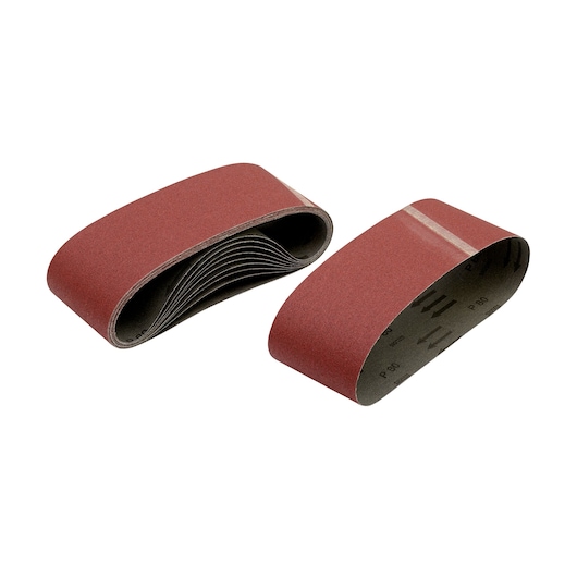 Two DEWALT sanding belts, reddish-brown, stacked and side-by-side, used for smoothing surfaces.