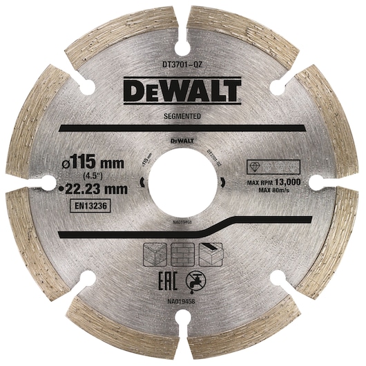 DEWALT segmented diamond blade DT3701, 115mm diameter, for cutting stone and construction materials.