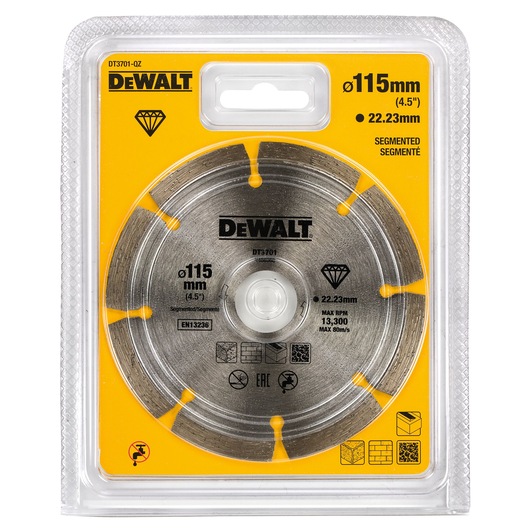 DEWALT DT3701 segmented diamond cutting disc, 115mm diameter in sealed yellow packaging.