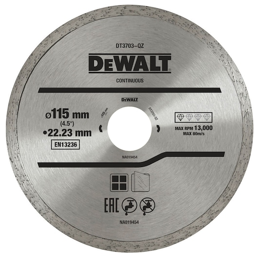 DEWALT DT3703 continuous diamond blade, 115 mm diameter, for cutting stone, glass, and tiles.