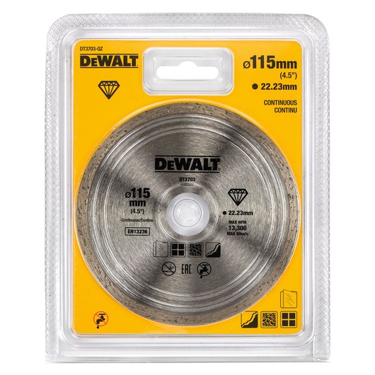 DEWALT DT3703 115mm diamond cutting disc in yellow packaging, suitable for continuous cutting.