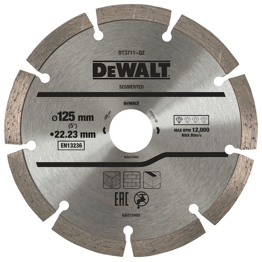 DEWALT segmented diamond blade, 125mm diameter, for cutting stone, concrete, and materials. Model DT3711.