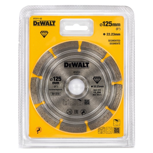 DEWALT DT3711 diamond segmented blade, 125mm diameter, packaged for masonry cutting.