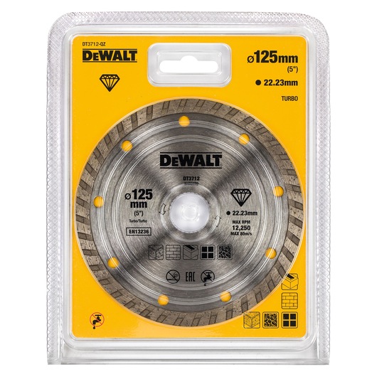 DEWALT DT3712 125mm turbo diamond blade in yellow retail packaging, suitable for cutting and grinding.