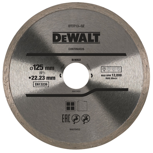 DEWALT DT3713 125mm continuous diamond saw blade for cutting, silver, with technical markings and product info.