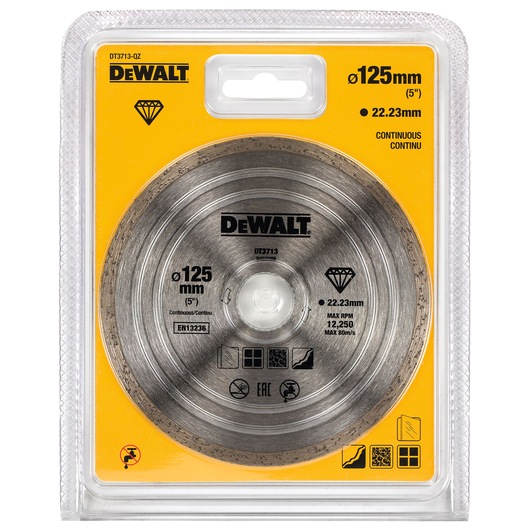 DEWALT DT3713 125mm diamond blade in yellow retail packaging for cutting tile and stone.