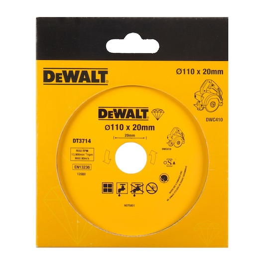 DEWALT DT3714 diamond cutting disc, 110 x 20mm, shown in yellow packaging for power tools.