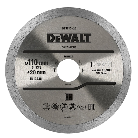 DEWALT DT3715 110mm diamond saw blade for continuous cutting, suitable for tile and stone.