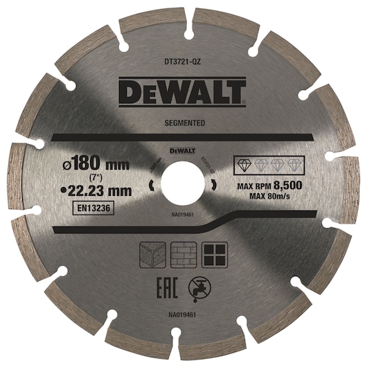 DEWALT segmented diamond saw blade, 180mm diameter, for cutting stone, brick, or concrete materials.