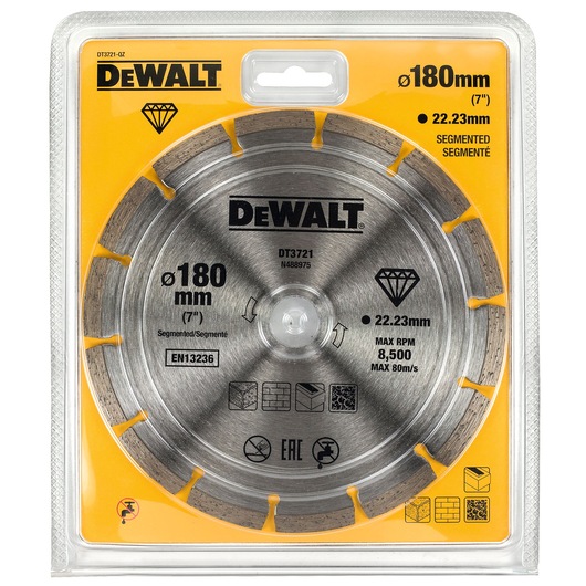 DEWALT DT3721 segmented diamond blade, 180mm diameter, for cutting construction materials, in retail packaging.