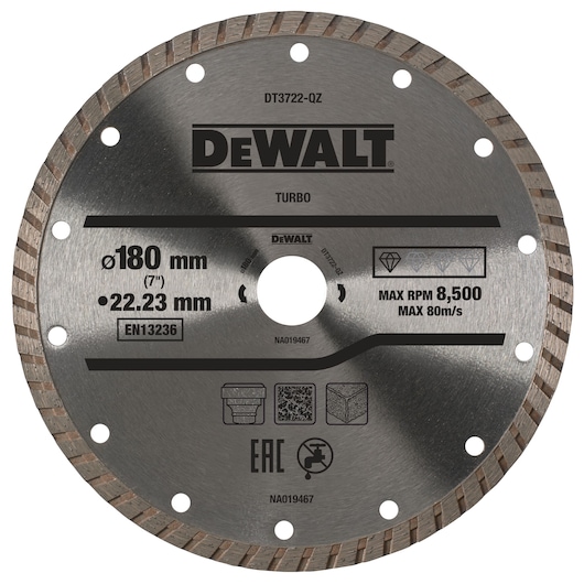DEWALT DT3722 diamond saw blade, 180mm, turbo, suitable for cutting stone, with max 8,500 RPM.