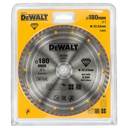 DEWALT DT3722 180mm turbo diamond blade in yellow packaging, partially obscured.