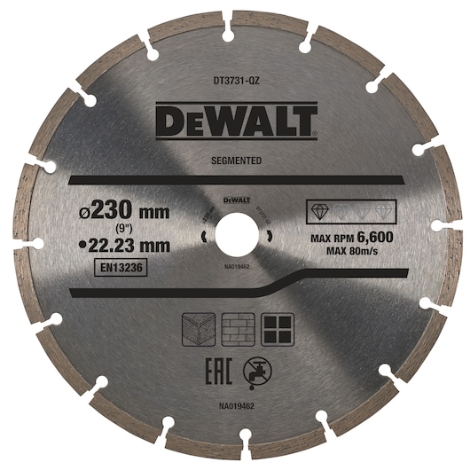 DEWALT segmented diamond saw blade, 230mm diameter, for cutting stone, concrete, and brick.