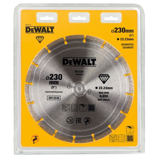 DEWALT DT3731 segmented diamond saw blade, 230mm diameter, displayed in yellow retail packaging.