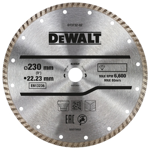 DEWALT DT3732 circular saw blade with 230mm diameter, for masonry and stone cutting, max speed 6,600 rpm.