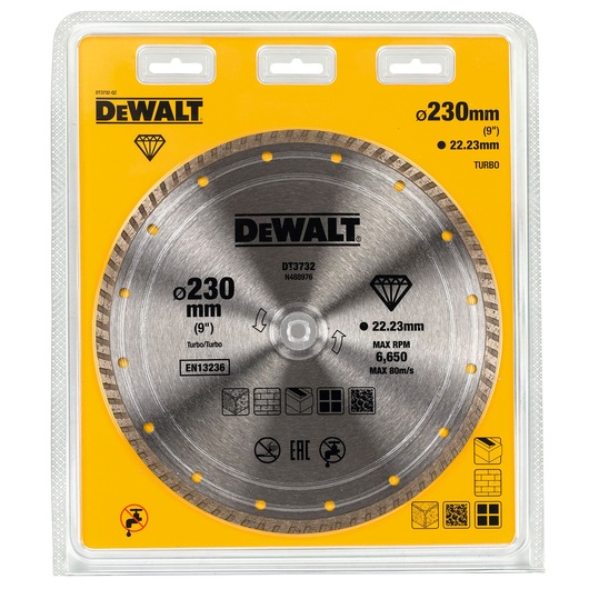 DEWALT DT3732 diamond turbo blade, 230mm diameter, in yellow packaging for cutting stone and masonry.
