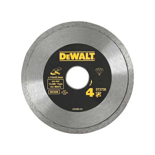 A DEWALT DT3735 diamond cutting disc with a diameter of 115 mm and a center hole of 22.2 mm. The disc is silver with a black and yellow center label showing specifications such as maximum RPM of 13,300 and application for cutting materials.