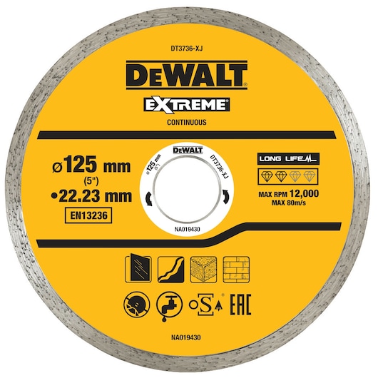 DEWALT DT3736 diamond cutting disc, 125 mm diameter for masonry and tiles, yellow with specifications label.