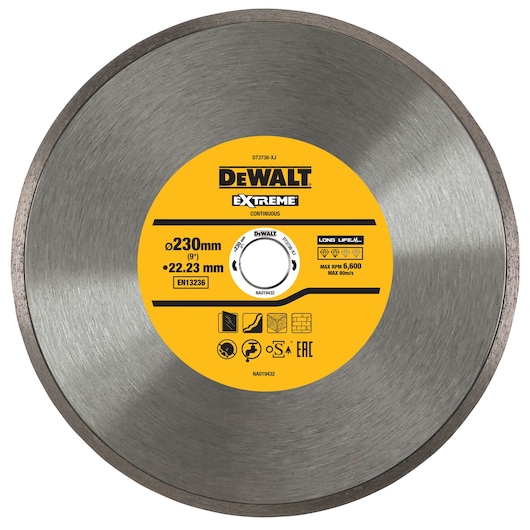DEWALT DT3738 Extreme 230mm continuous diamond blade for cutting bricks, tiles, and concrete.