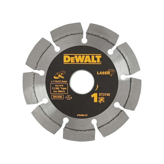 A DEWALT DT3740 segmented diamond cutting disc with 115 mm diameter and 22.2 mm center hole. The disc features a black and silver design and is labeled for use with angle grinders.
