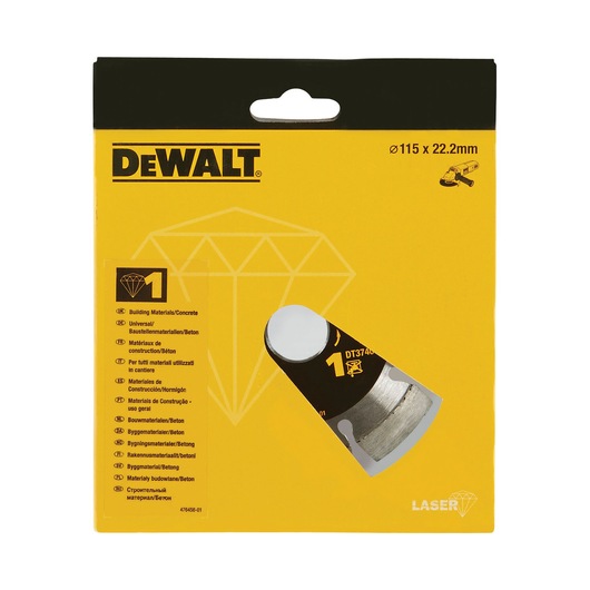 DEWALT DT3740 diamond blade packaging, yellow box with product info and partial blade visible through a cutout.