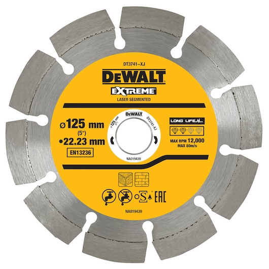 DEWALT DT3741 circular saw blade, 125mm diameter, segmented laser, for masonry and stone cutting.