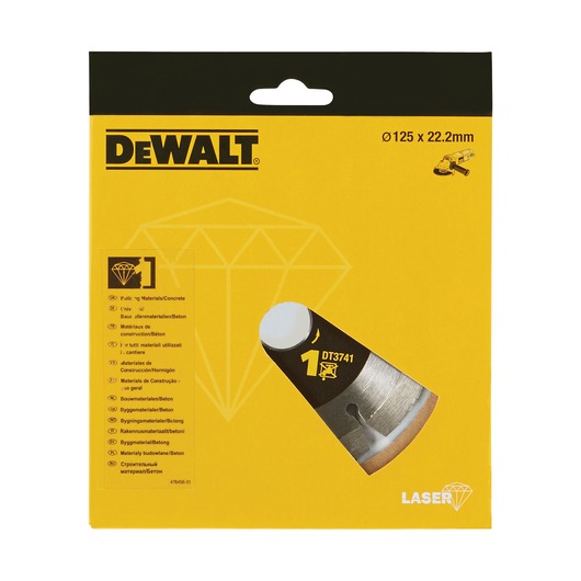DEWALT DT3741 diamond blade packaging for concrete, yellow box, 125 x 22.2mm, partial blade visible.