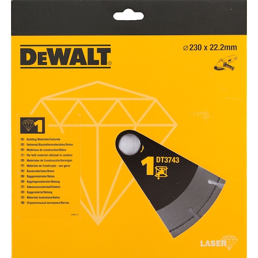 DEWALT DT3743-XJ, DT3743 concrete blade for 230mm grinders. Yellow packaging with diamond graphic.