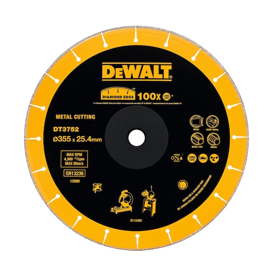 DEWALT DT3752 metal cutting diamond saw blade, 355mm diameter, for long life and various metal types.