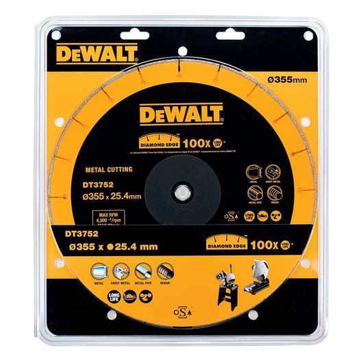DEWALT DT3752 diamond edge metal cutting blade, 355mm diameter, in retail packaging.
