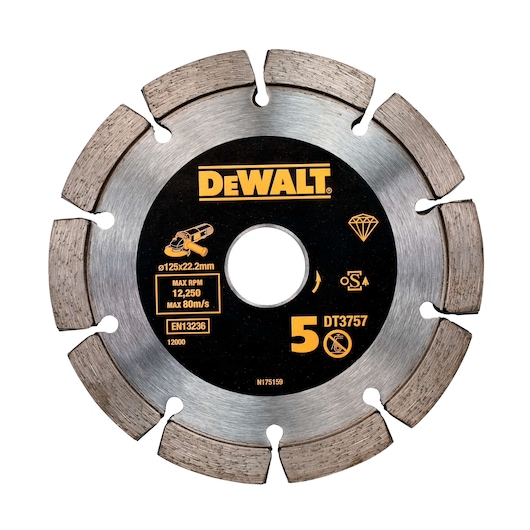 DEWALT DT3757 segmented diamond cutting disc, 125 mm diameter for angle grinders. Industrial use.