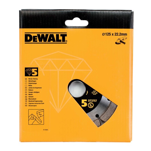 DEWALT DT3757 mortar raking blade, Ø125x22.2mm, yellow box with blade partially visible, diamond icon.