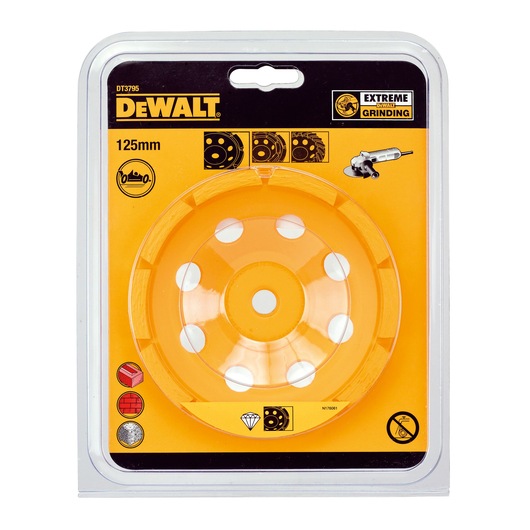 DEWALT DT3795 125mm extreme grinding wheel in orange packaging for cutting or grinding hard materials.