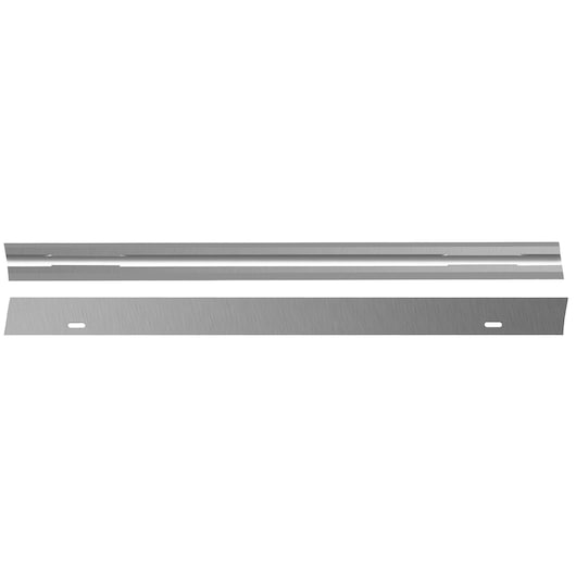 Two straight metal planer blades with slots and holes, shown laid flat on a white background.