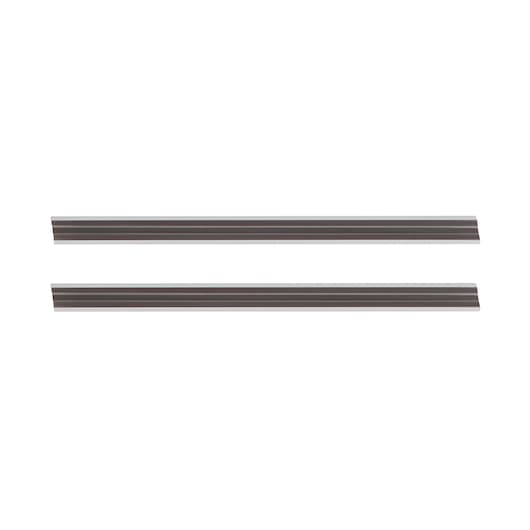 Two straight metal planer blades are shown, arranged parallel on a white background.